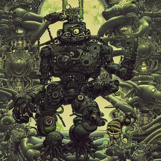 Image similar to dark robotic frog, by yoichi hatakenaka, masamune shirow, josan gonzales and dan mumford, ayami kojima, takato yamamoto, barclay shaw, karol bak