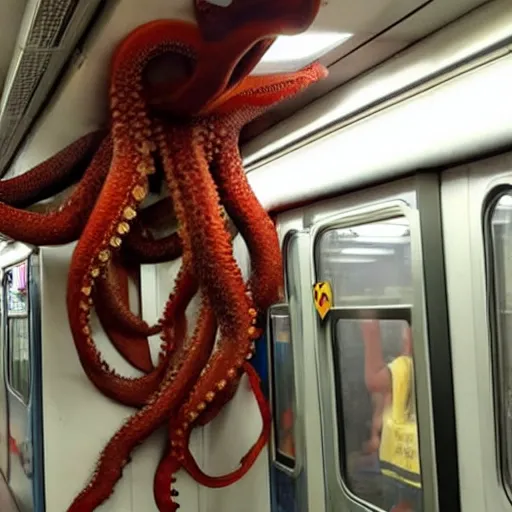 Image similar to of a giant octopus invading a interior of a subway train in new york,