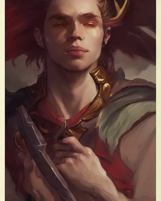 Prompt: '' Portrait of handsome young Weredragon character, league of legends, LOL, fantasy, d&d, digital painting, artstation, concept art, sharp focus, illustration, art by greg rutkowski and alphonse mucha ''