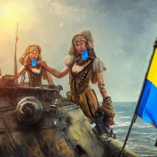 Image similar to ukrainian girls with ukrainian flag near big ruined warship, happy, concept art, trending on artstation, highly detailed, intricate, sharp focus, digital art, 8 k