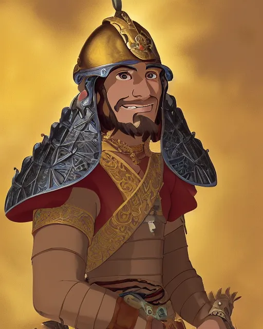 Image similar to portrait of a spanish conquistador wearing ornate armor, by daniel zrom and disney concept artists and studio ghibli, treasure planet movie color scheme, symmetric, handsome, golden ratio, jungle