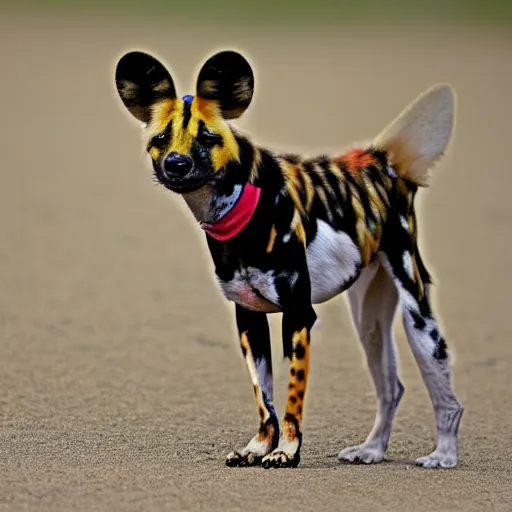 Prompt: A photo of the world's greatest showman: the african painted dog dressed in a hat!