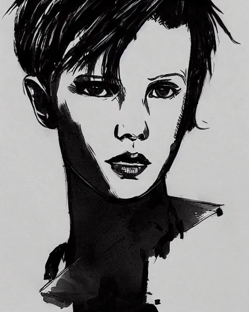 Image similar to pen sketch of millie bobby brown with short hair by yoji shinkawa