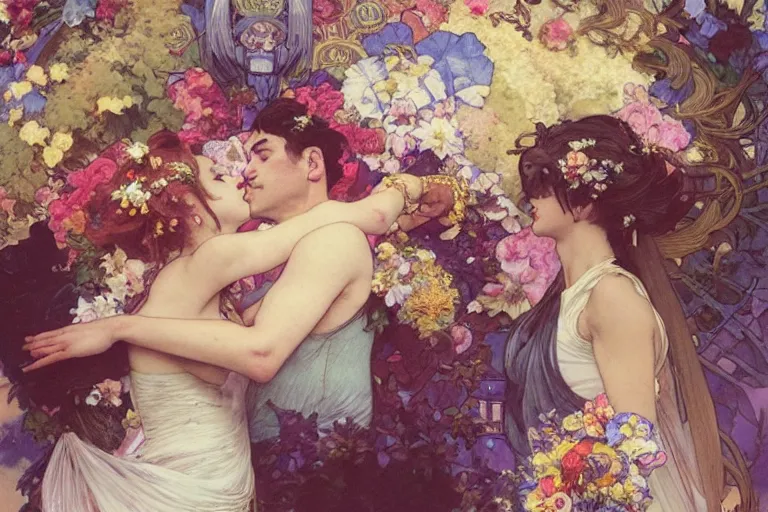 Image similar to the groom kisses the bride at a wedding full of flowers, bright and happy, dreamlike art, highly detail, 4 k realistic, wedding photoy krenz cushart. artem demura. alphonse mucha. yoji shinkawa artgerm. jon lothian. danilo torres. adi meyers. thomas reimann. gaston bussiere.