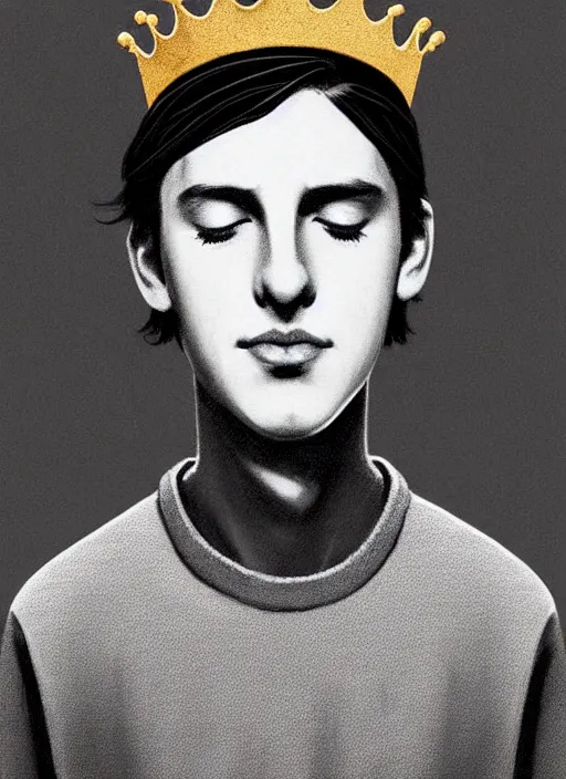 Image similar to portrait of teenage jughead jones wearing a light grey crown, photorealistic, crown, eyes closed, crown, black hair, sweater with letter s on it, letter s, intricate, elegant, glowing lights, highly detailed, digital painting, artstation, concept art, smooth, sharp focus, illustration, art by wlop, mars ravelo and greg rutkowski