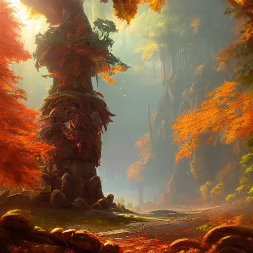 Image similar to autumn forest with a single giant crumbling copper warrior statue, fantasy concept art by tyler edlin, antoine blanchard, thomas cole