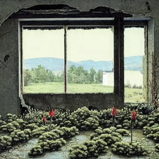 Image similar to It snows inside a ruined, roofless house. Flowers are left to wither in a vase. Painting by Alex Colville