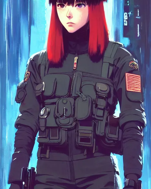 Image similar to girl wearing in tactical gear | | audrey plaza, fine detail!! anime!! realistic shaded lighting!! dramatic!! poster by ilya kuvshinov katsuhiro otomo ghost - in - the - shell, magali villeneuve, artgerm, jeremy lipkin and michael garmash and rob rey