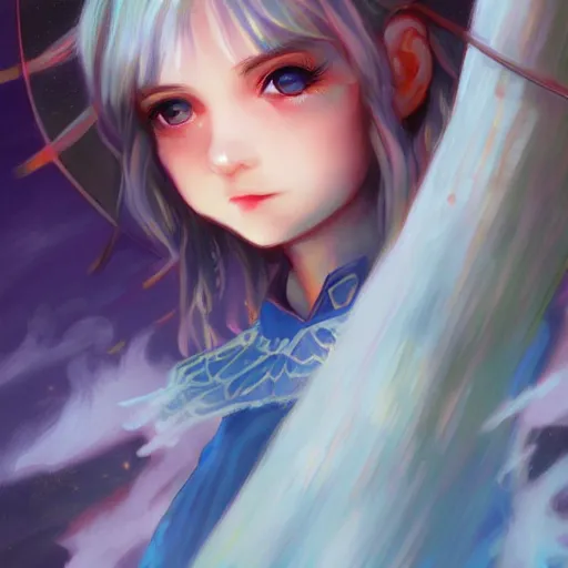 Image similar to cirno from touhou flying, matte painting by ross tran, artstation, perfect face, high detail
