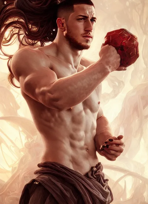 Image similar to portrait of aggressive eden hazard, d & d, muscular! white, fire, fantasy, intricate, elegant, highly detailed, digital painting, artstation, concept art, smooth, sharp focus, illustration, art by artgerm and greg rutkowski and alphonse mucha