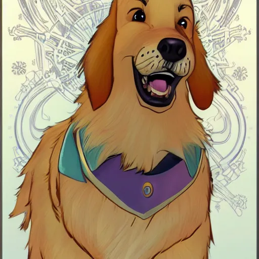 Image similar to golden retriever character shocked, pixar, disney, zootopia, up, concept art, sketch, trending on artstation, graphic novel, childrens illustrated storybook, by alphonse mucha and cory loftis and matthias lechner