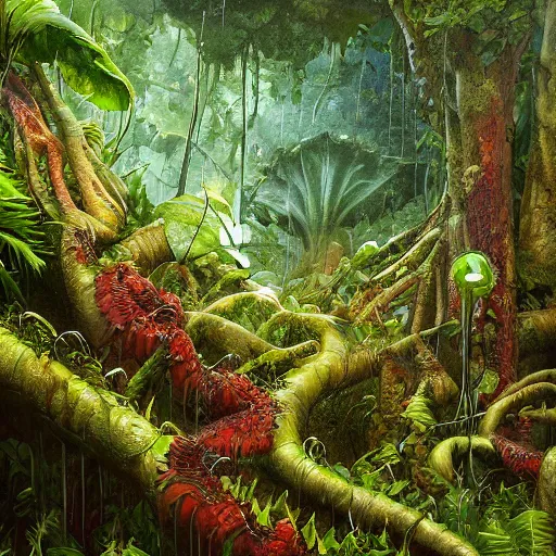 Prompt: a highly detailed marc simonetti illustration of a carnivorous plant in a lush tropical forest