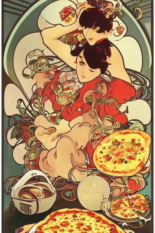 Prompt: pizza and pasta advertisment, still life, 1 9 7 0 s japan shouwa advertisement, print, nostalgic, alphonse mucha