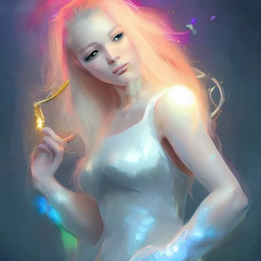 Image similar to a digital painting of a woman with blonde hair, a character portrait by feng zhu, cgsociety, fantasy art, ethereal glow, light white rainbow nails and a glowing chromatic sword behind her, artstation hq, artstation hd, fantasy