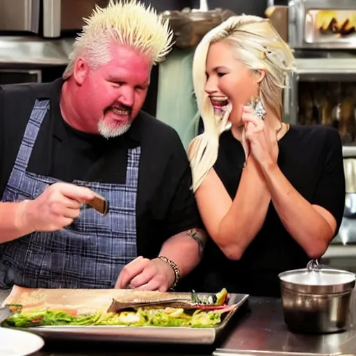 Image similar to olivia munn and guy fieri cooking in a restaurant