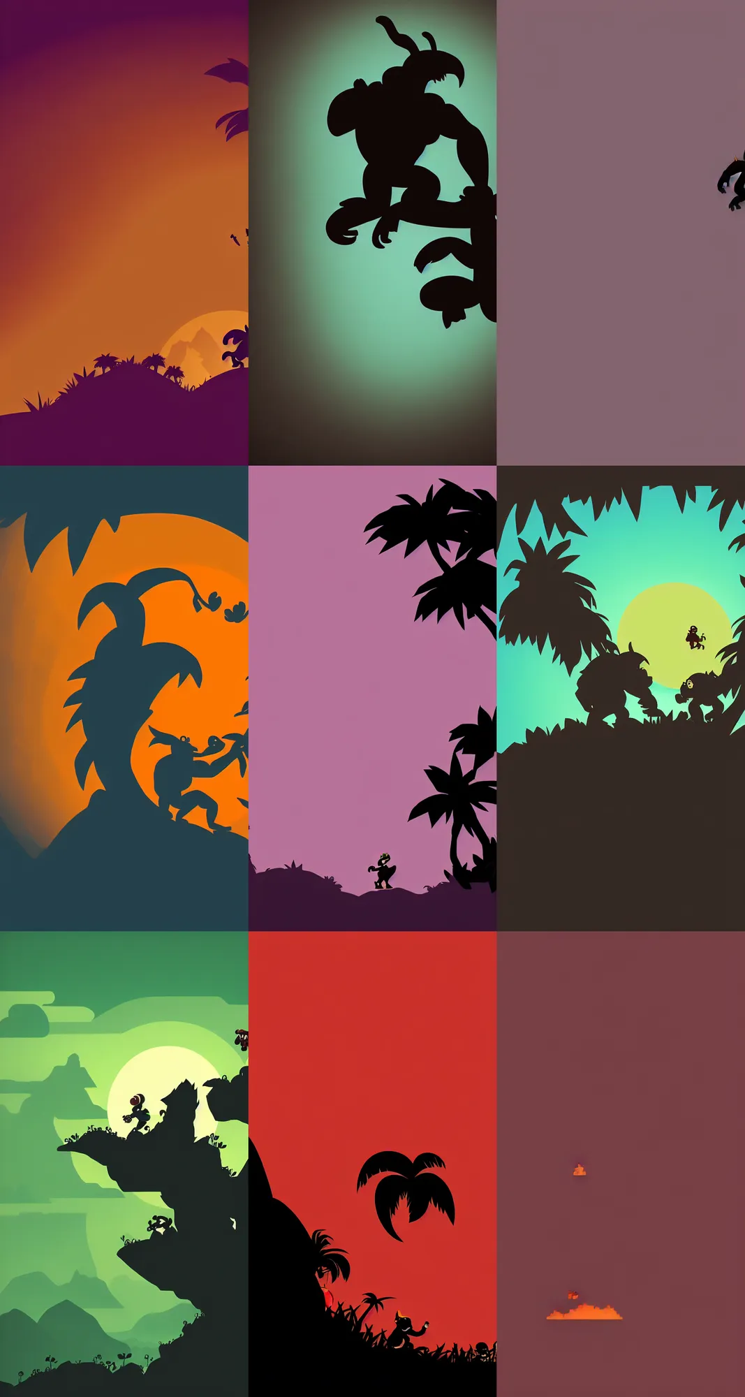 Prompt: donkey kong country, stylized, silhouette, horizon, minimalist wallpaper, dark background, desktop background, behance, artstation, deviantart