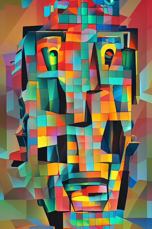 Image similar to cubist moai statue cutout digital illustration cartoon colorful beeple