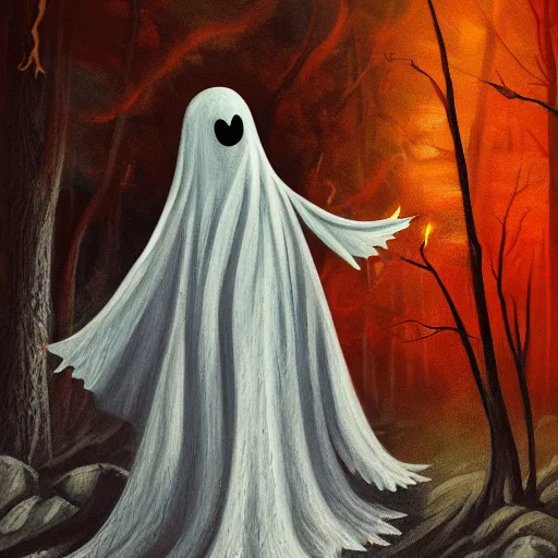 Prompt: ominous bedsheet ghost standing in a forest on fire, zoomed out perspective, oil painting, brush strokes, gloomy foggy atmosphere, symmetrical, full body image, highly ornate intricate details,