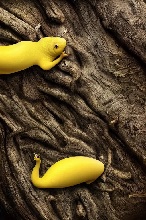 Image similar to A brilliant yellow banana slug with deer antlers, poised magnificently on a tree stump deep in a redwood forest, magical, deep woods, octane render, 8k,realism, insanely detailed, intricate, natural lighting, illustrated by TamberElla, national geographic wildlife photography, digital art, fantasy creature, realistic Trending on artstation, artstationHD, artstationHQ, 4k, 8k