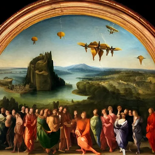 Image similar to a Renaissance painting with UFOs