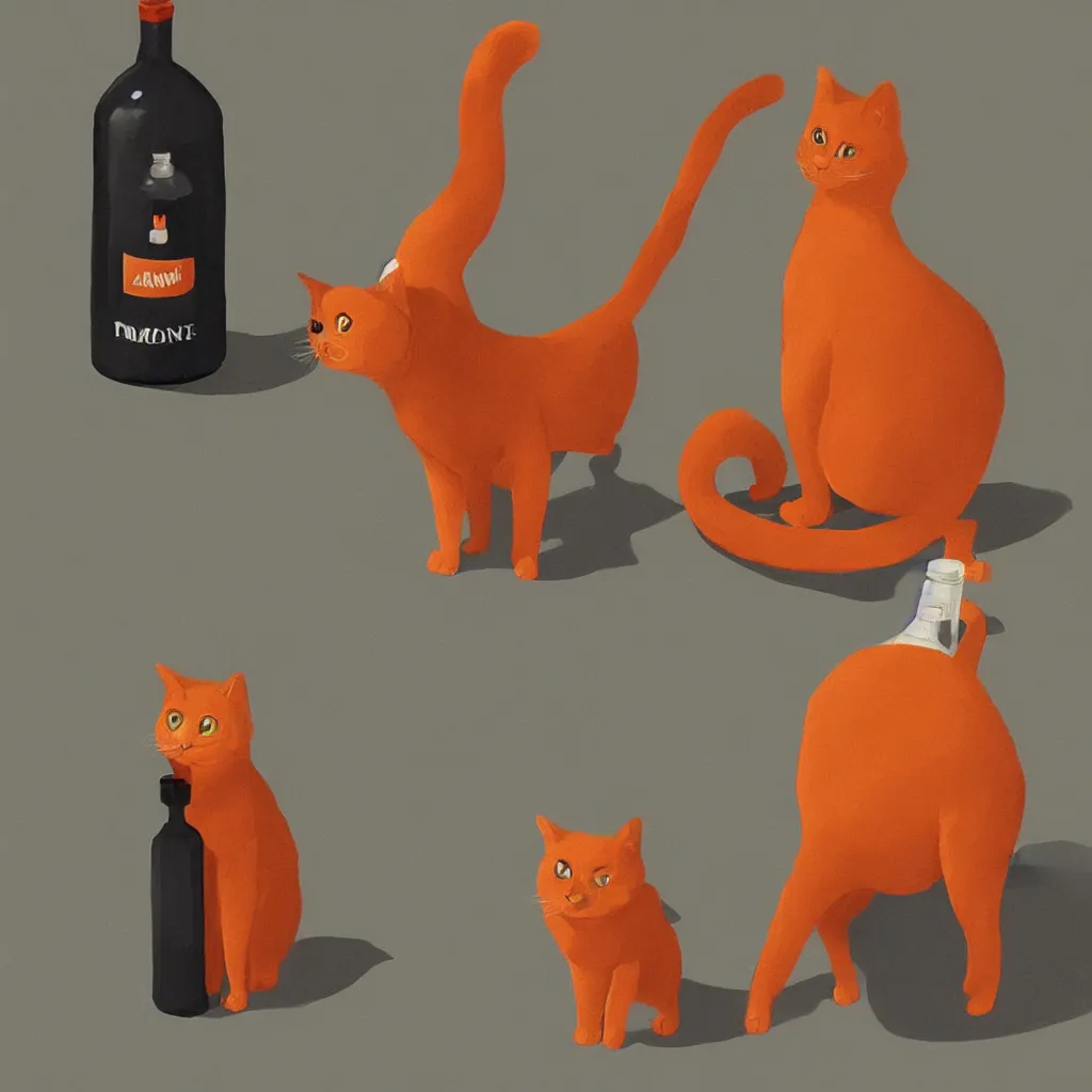 Image similar to a cat standing next to a bottle of medicine. orange cat. animal. digital art. artstation. illustration.