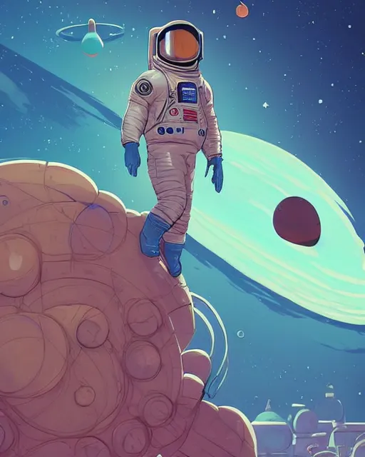 Prompt: an cosmonaut lie relaxed on a crescent moon between the stars and the planets in outer space, cosmonaut post grunge concept art,4k, trending on artstation by josan gonzalez and tyler edlin