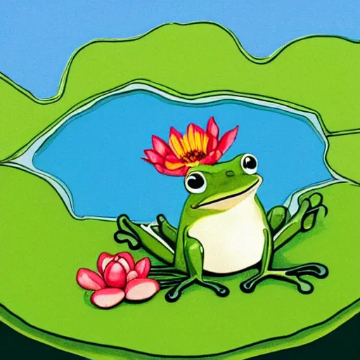 Prompt: cute cartoon gouache children’s book illustration of a frog on a lily pad in a pond