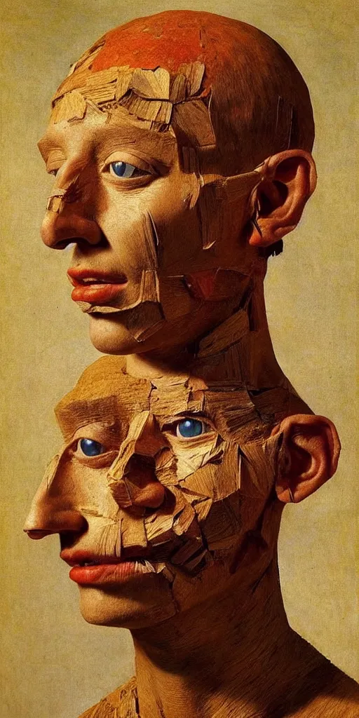 Prompt: very very beautiful portrait photo of 3d face made from primitive objects, Perfect face, extremely high details, realistic, by Giuseppe Arcimboldo, Edward Hopper, Rene Margitte,