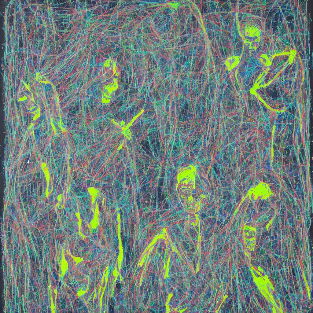 Image similar to two human figures anxiety, smiling, abstract, maya bloch artwork, ivan plusch artwork, cryptic, lines, stipple, dots, abstract, geometry, splotch, concrete, color tearing, uranium, acrylic, neon, pitch bending, faceless people, dark, ominous, eerie, minimal, points, technical, painting