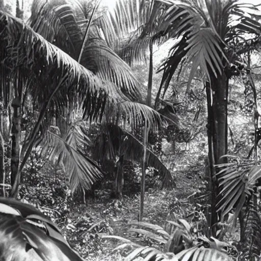 Prompt: a rizom lost film footage of a ( ( ( ( ( ( ( ( object ) ) ) ) ) ) ) ) in the middle of the tropical jungle / tropicalism / tropicalism / tropicalism / film still / cinematic / enhanced / 1 9 2 0 s / black and white / grain