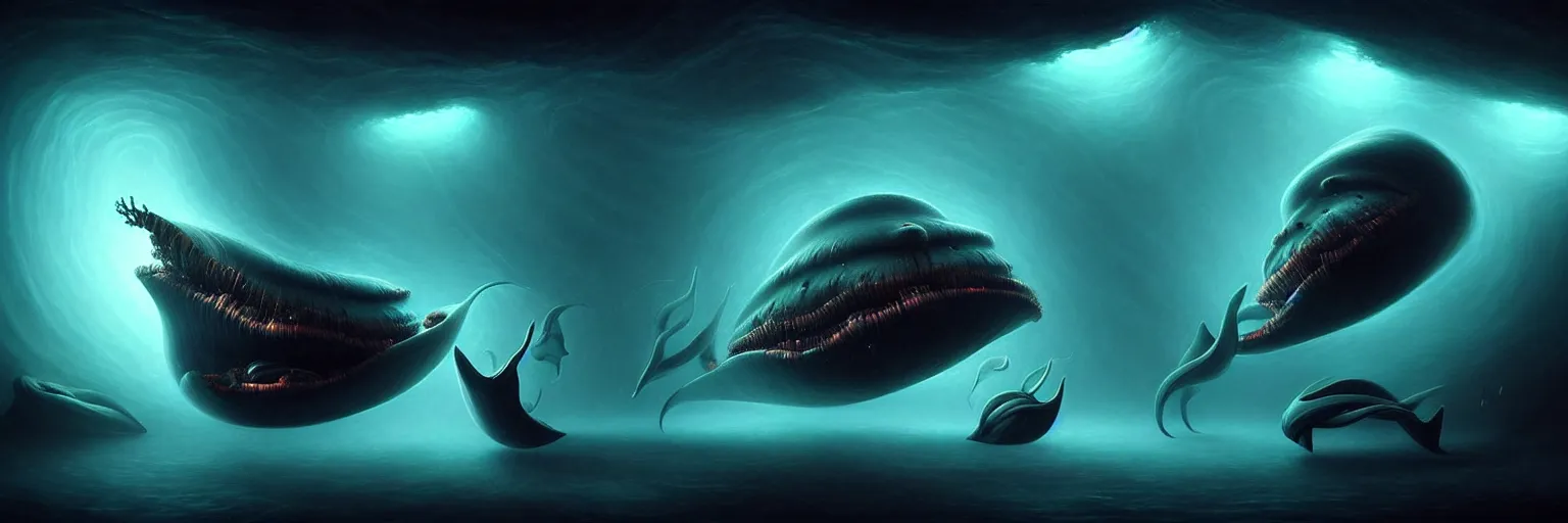 Image similar to whimsical surreal deep sea creatures, dramatic lighting, surreal dark uncanny painting by ronny khalil