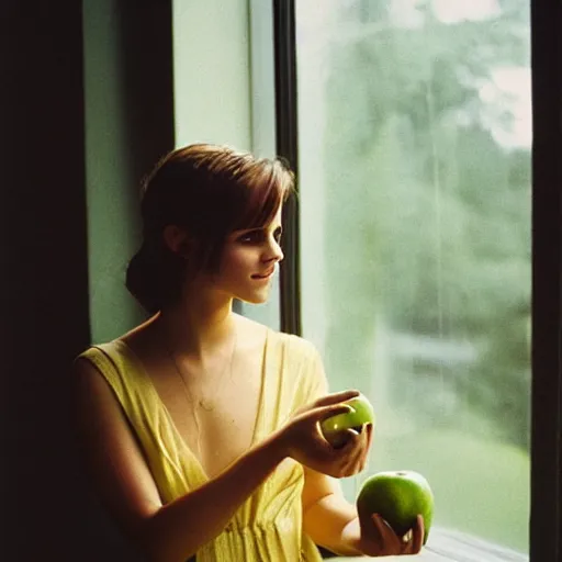 Prompt: Photograph of Emma Watson holding a green apple by the window. Golden hour, dramatic lighting. Medium shot. CineStill