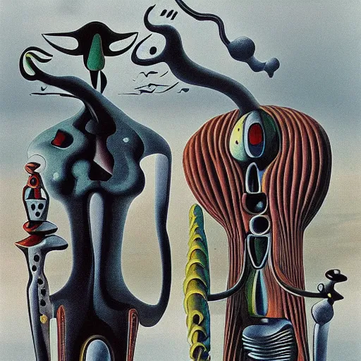 Prompt: Two extremely tall mechanical beings in a deep conversation. Temple of the new gods. Dali. Yves Tanguy.