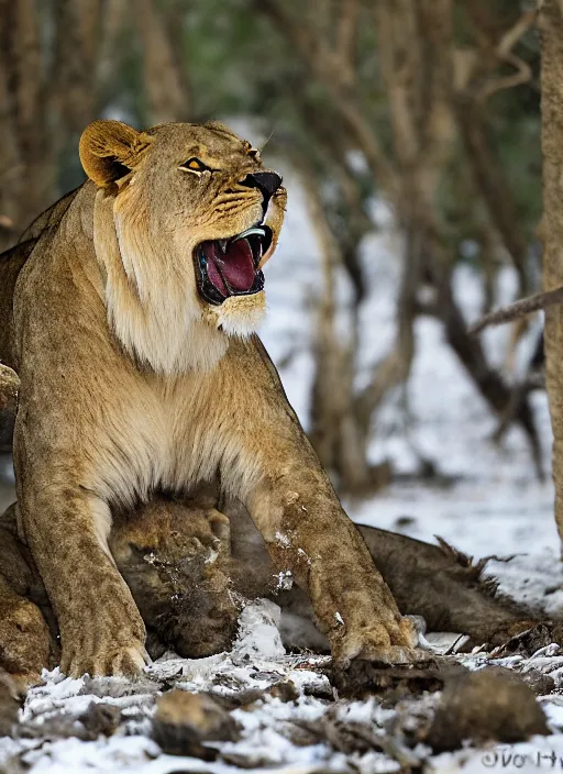 Prompt: destructive snowball in the forests of north africa, among the lions - crocodiles