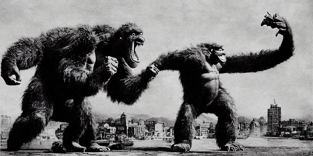 Prompt: “Godzilla fighting King Kong, 1900’s photo”