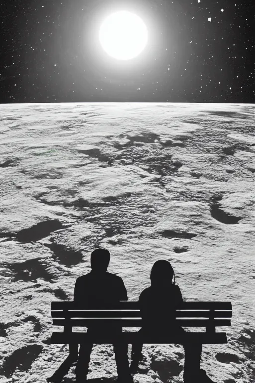 Image similar to Silhouette of a Couple sitting on a bench on the moon with a view of planet earth, photorealistic, high resolution, award winning, trending on artstation.