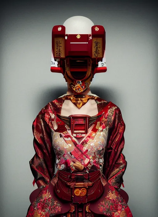 Image similar to portrait of a stylish futuristic geisha cyborg, with a red kimono with japanese golden signs written on it, kintsugi, modern fine art, fractal, intricate, elegant, highly detailed, digital photography, subsurface scattering, in the style of ghost, by jheronimus bosch and greg rutkowski,