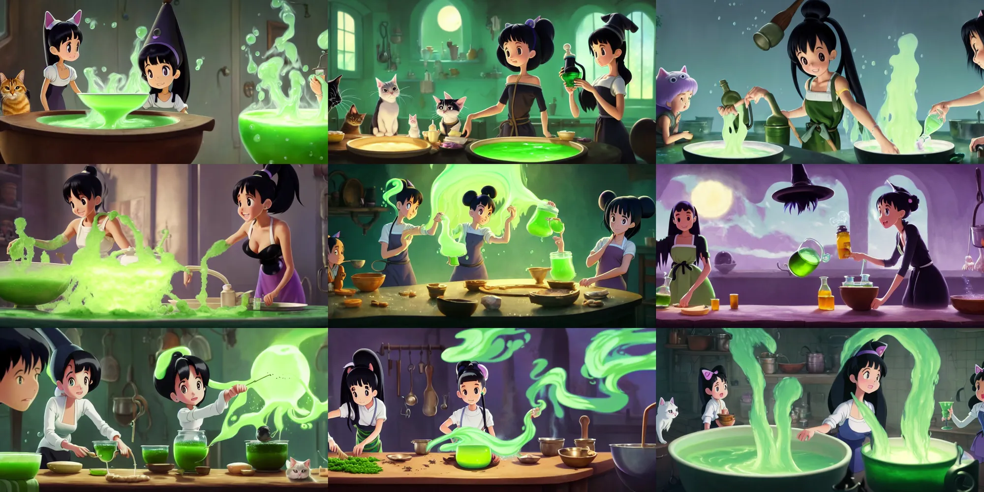 Image similar to a wholesome animation key shot of a ariana grande with black hair as a witch cooking a magic potion in her cauldron of bubbling green liquid as her cats watch, medium shot, waist up, studio ghibli, pixar and disney animation, sharp, rendered in unreal engine 5, anime key art by greg rutkowski, bloom, dramatic lighting