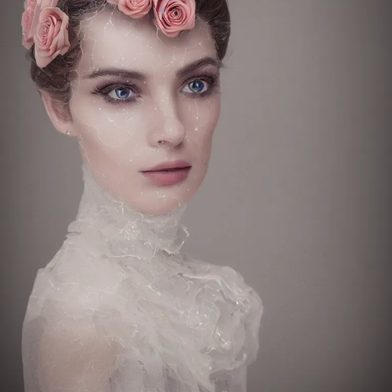 Prompt: makeup is 7 0's style : a wonderful realistic focused sweet face mid portrait of a beautiful symmetrical lonely woman with a detailed wonderful symmetrical face who is dressed with a wonderful, majestic, large semi transparent white cotton dress ornate with semi transparent cotton roses and semi transparent white veils, dramatic light, octane render - 8 k