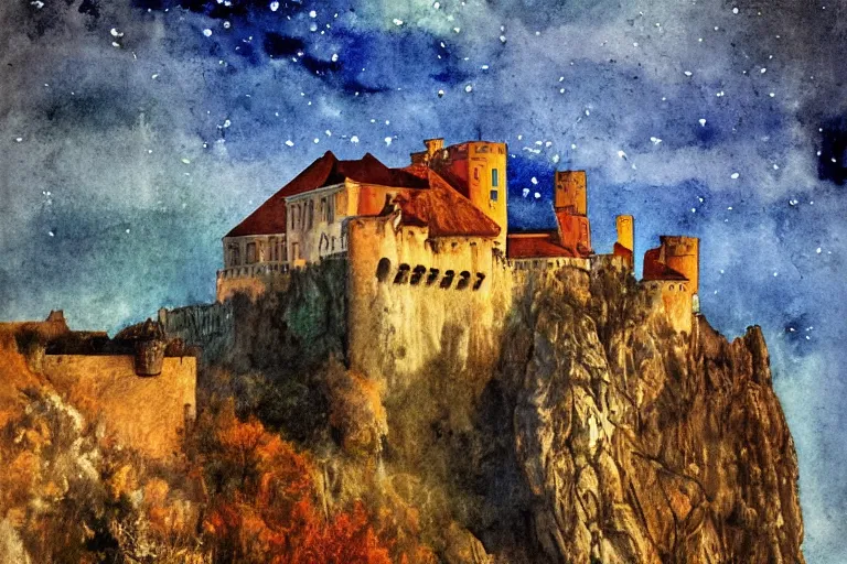 Prompt: The Castle of Dracula in Jupiter, beautiful, national geographic, very detailed, astrophotography, water color, canvas, Sandra Pelser, Jeff Lyons, Edward Hopper