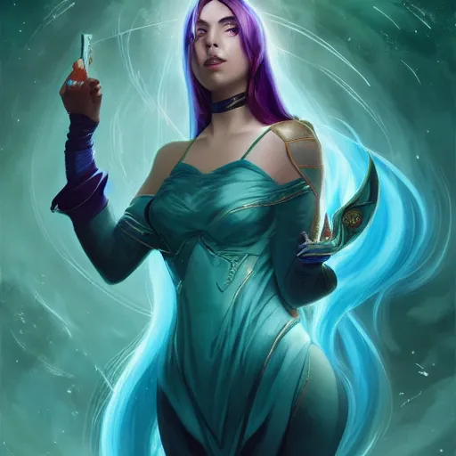 Prompt: a beautiful tarot card of sona with teal colored hair with deep red highlights, female, league of legends, space fantasy, in the style of magic the gathering, intricate, elegant, highly detailed, digital painting, artstation, concept art, matte, sharp focus, illustration, art by greg rutkowski and alphonse mucha
