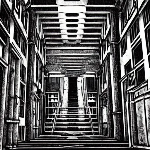 Image similar to a terrifying dark hallway with many doors and many stairs, impending doom, horror, Mc Escher architecture, epic composition, anime key visual