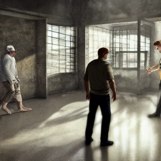 Prompt: peter griffin and brad pitt meeting each other in a basement with concrete floor. light ray from a blurry window, floating dust, motion blur, gloomy, stippled walls, cinematic shot, in john salt style, realistic, 4 k, perfectly defined features