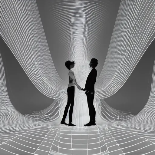 Image similar to perfectly centered symmetrical balanced male and female portrait of man and woman in love sharing one heart. art by santiago calatrava, high coherence ; 3 d render 8 k octane ultra hd