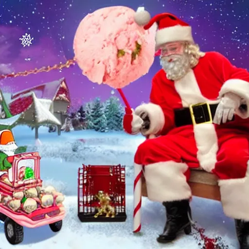 Image similar to Santa and Jesus have an epic machine gun battle whilst a pink ice cream watches on from a distance