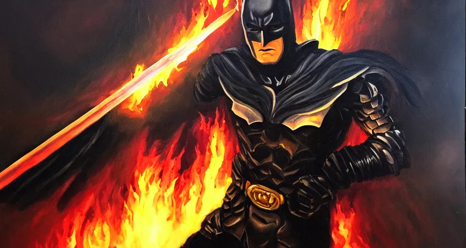 Image similar to An oil painting of a dark knight wielding a flaming sword