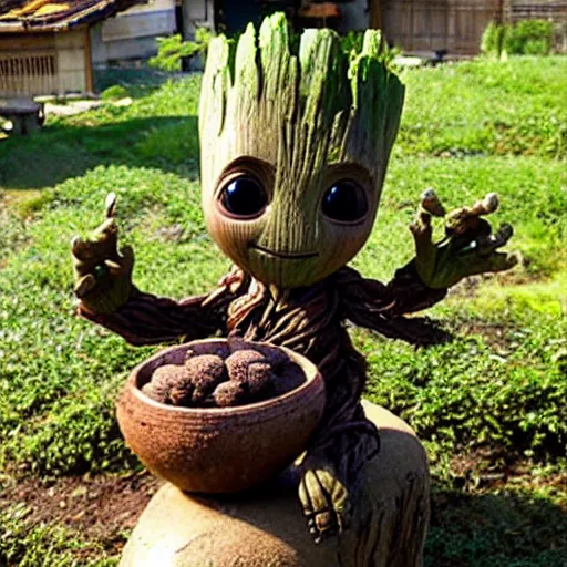 Image similar to baby groot in a japanese village