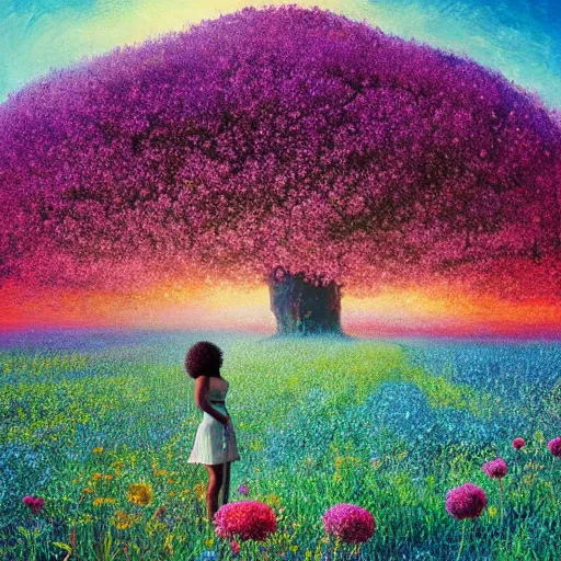 Image similar to afro made of flowers, full body, girl standing in the middle of a field with flowers, surreal photography, hills, big trees, sunrise dramatic light, impressionist painting, colorful clouds, digital painting, pointillism, artstation, simon stalenhag
