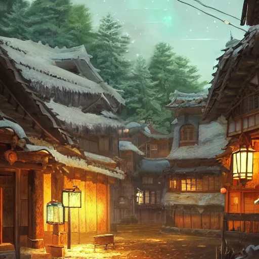 Prompt: concept art painting of a cozy village at night in a mountainous forested valley, historic european and japanese architecture, realistic, detailed, cel shaded, in the style of makoto shinkai and greg rutkowski and james gurney