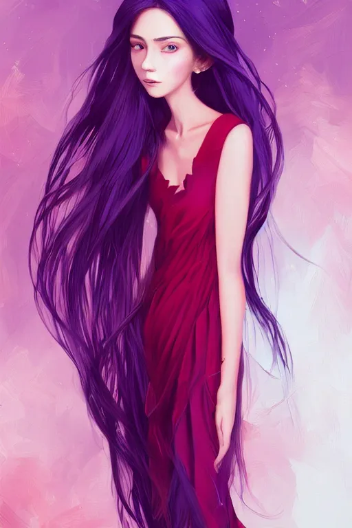 Prompt: centered detailed portrait of a beautiful intimate woman with long purple cosmic hair and a beautiful red dress, by ilya kuvshinov and ross tran